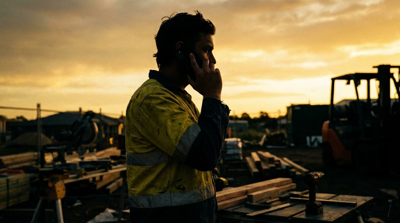 Tradie on phone at dusk